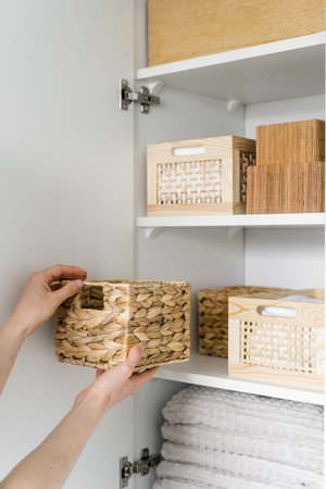 cropped shot of female hands hold wicker basket and put in on shelf in closet with fresh linen and...