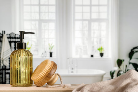 Close up view of a glass soap dispenser, wooden massage brush, and beige towel on the table against...