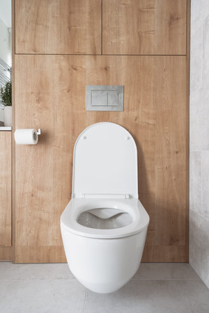 front view of white ceramic wc bowl with open lid in luxury bathroom interior. apartment toilet with...