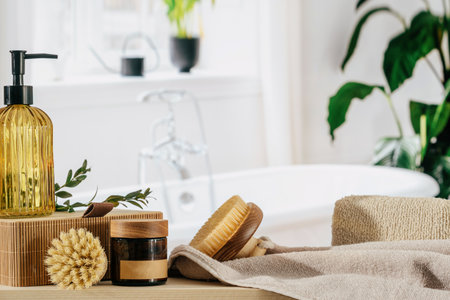 Concept of beauty products for everyday use and skin care routine. Wooden shelf bench with soap dispenser bottle, wooden brush and moisturizing cream against blurred bathroom interior on backgroundの写真素材