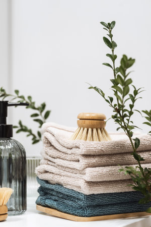 closeup of clean terry towels, dispenser bottle with shower gel and wooden massage brush decorated plant branch, body care products and beauty procedure conceptの写真素材