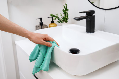 Close up view of cleaning the white washbowl with a blue microfiber rag. Woman hand removing drops and dirt from sink in the modern bathroom. Washbasin with a black water tapの写真素材