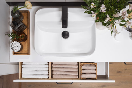 top view on ceramic wash basin with black mixer, flowers in vase, dispenser bottle and glass with ears sticks on wooden tray and open drawer with clean towels in domestic washroomの写真素材