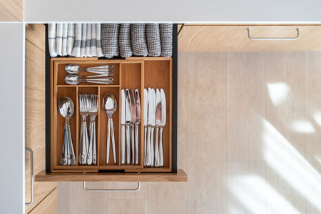 Flat lay view of open kitchen drawer with wooden box for cutlery and folded cotton towels. Separated knives, spoons and forks. Well organized space in the kitchen. Copy spaceの写真素材