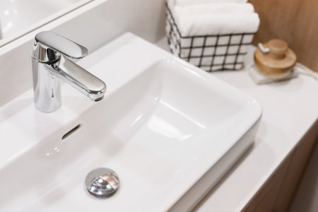 high angle view on shiny stainless steel water tap and white ceramic washbasin at bathroom with modern interior, selective focus on chrome faucetの写真素材