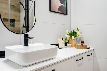 detail in bathroom interior, ceramic washbowl, black mixer with running water, dispenser bottle with shampoo, tube and jar with cream for skin care and mirror on tiled wallの写真素材