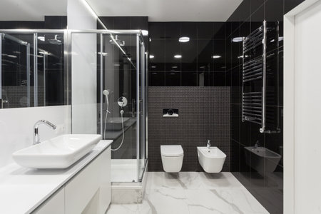 ceramic washbasin with under sink cabinet, wc toilet with concealed cistern tank, bide against black tile on wall. luxury interior in domestic bathroom. glass enclosure in shower cabinの写真素材