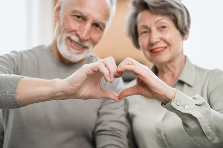 Love sign with hands. Mature couple showing heart gesture, smiling and looking at camera. Happy married people enjoying free time together. Concept of healthcare at retirementの写真素材