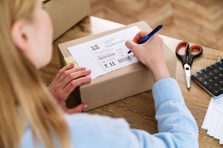 Woman hand writing address for delivery, filling information on parcel box. International shipping products to customers. Carton package with label. Fast logistic service.の写真素材