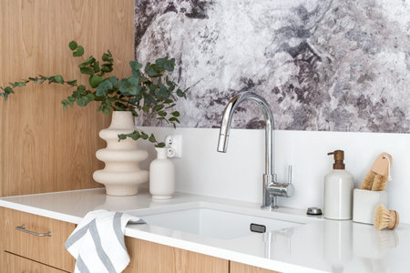 bamboo eco scrubber and dishwashing soap on white countertop near stainless steel water tap at...
