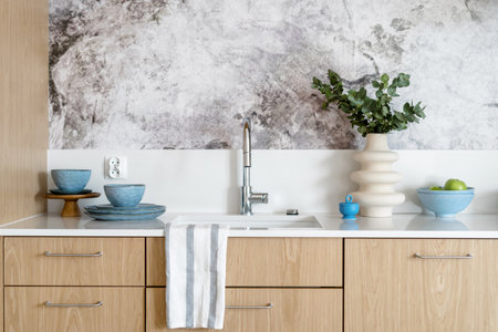 interior of kitchen with modern wooden cabinet, white countertop, sink with chrome faucet, clean plates, bowl with apple and vase with eucalyptus branchの写真素材