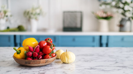 Wooden plate with vegetables on marble stone table in dining room. Vegetarian food with radish, tomatoes, pepper and pumpkins against blurred kitchen background.の写真素材
