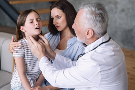 Mother called pediatrician to house for conduct medical examination of daughter. Small girl patient...