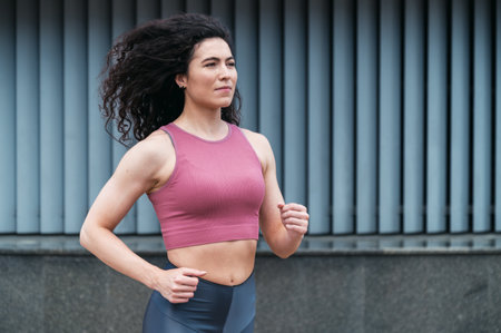 Sport concept. Portrait of young woman running outside. Jogging in city. Healthy lifestyle. Physical activity for good wellbeing. Female runner in sportswear.の写真素材