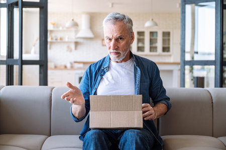 Displeased customer. Dissatisfied mature man holding carton with wrong or damaged order from online shop. Bad service. Frustrated by long delivery, mistake or error. Male sitting on couch at home.の写真素材