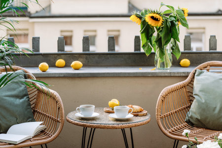 Round coffee table close to two rattan armchairs with cushions at open balcony. Hot tea drink in cups and croissant. Good morning concept. Breakfast in cozy hotel patio with flowers.の写真素材