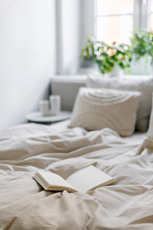 Selective focus on open paper notebook with blank pages lying on bed with blanket and pillows in cozy bedroom with modern light interior. Diary on rumpled bedding at hotel room in morningの写真素材