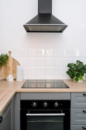 Classic kitchen with cozy interior, grey cupboard, wooden countertop, glass ceramic stove,...