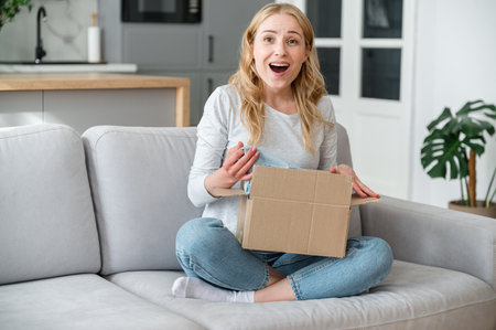 Concepts of quick delivery service, customer service, satisfied client. Addressee received package at home. Overjoyed happy woman seated on comfortable sofa, hold cardboard box on lap, open parcelの写真素材