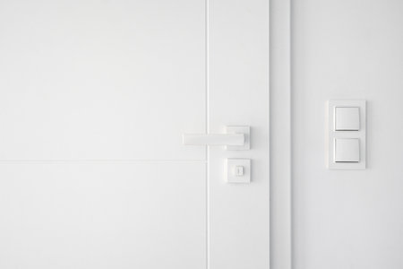 Modern metal doorknob with lock. Detail in interior, light switches on white wall near closed room door with mechanical handle at hallway. Entrance in bedroom at stylish apartmentの写真素材