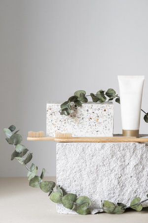Vertical shot of two wooden toothbrush with eco friendly material on stone podium with eucalyptus decor. Mockup of toothpaste package for gums protections and caries prevention. Dental care conceptsの写真素材