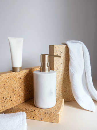 Soap dispenser bottle in marble refillable package on stone podium near fresh towel, toothpaste or moisturizing cosmetics products in bathroomの写真素材