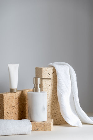 Vertical advertising shot of white cotton towel folded in roll close to soap dispenser bottle and face or hand cream in mockup tube with copy space. Cosmetics items and beauty products in bathroomの写真素材