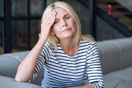 Upset frowning middle aged woman sitting alone at home, feeling bad and has headache. Unhappy exhausted female has health problems and suffering from acute migraine.の写真素材