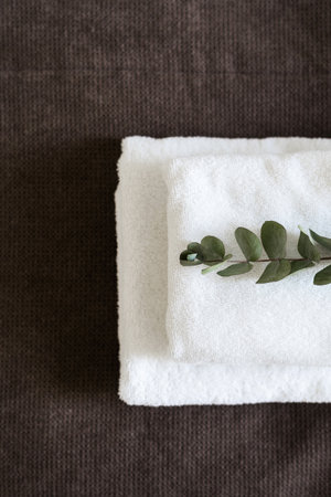 Flat lay shot with branch of green eucalyptus on fresh and white cotton bath towels. Hotel bed with personal accessory on top, close up. Neatly clean hotel room. Service, coziness and clean conceptの写真素材