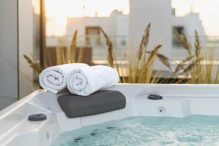 Hot tub with towels on corner. Hygiene, beauty and spa treatment in tourist resort. Hotel service, wellness, hydromassage, hydrotherapy concept. bathtub on rooftop. Outdoor terrace with swimming poolの写真素材