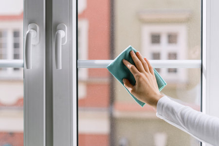 Cropped shot of woman hand cleaning window using cloth and wipe glass at modern apartment. Female...