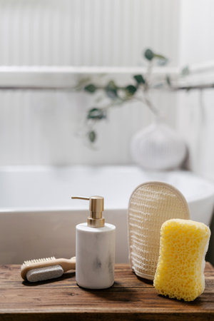 Selective focus soap dispenser bottle, eco friendly bath sponges for massage body and exfoliating dry skin close to pumice stone on wooden bench. Grooming accessory against blurred bathroom backgroundの写真素材