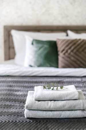 Close up view of bed with eucalyptus plant over fresh guest towels. Bedroom interior. Concepts of hotel business, cleaning service, comfortable room for cozy weekend stayの写真素材