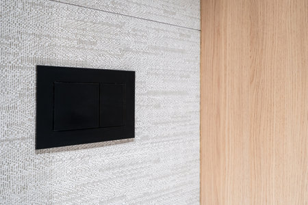 Detail in bathroom with contemporary interior, black matte button for wc water flush on wall with textured tile. Concealed cistern at restroom. New modern toilet with economic flushingの写真素材