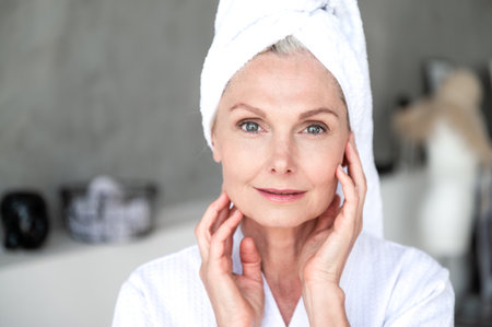 Close up portrait of middle age woman in bath clothes touching skin on face after applying moisturizer cream. Smoothing effect of cosmetic product.の写真素材