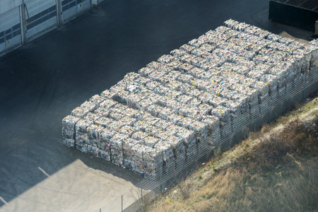 A large, organized pile of compacted garbage is seen in a fenced-in area at a recycling facility. Concept of reuse of materials and responsible management of waste that pollutes the environmentの写真素材