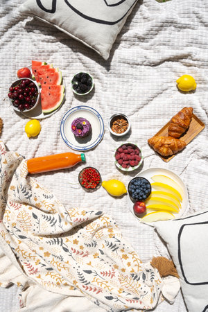 Picnic blanket spread with watermelon, croissants, ripe fruits and juice. Summer day in park with food on plates, textile decor, cushions and pastries on plaid, top viewの写真素材