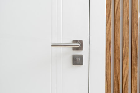 A white door with a silver handle and a latch lock close to wooden paneling. Design elements in apartment with modern interior designの写真素材