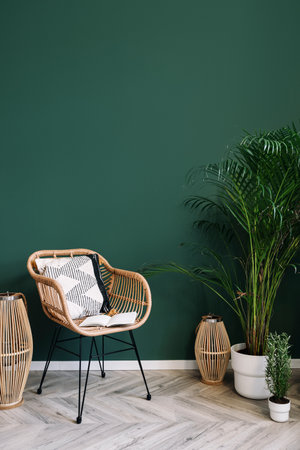 Wicker armchair with decorative pillow and houseplants in pots on floor on green wall background in stylish living room. Cozy seat for reading and restingの写真素材