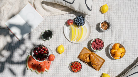 Fresh fruits, french pastries, sweet berries and other snacks laid out on a blanket for a summer picnic. Flat lay of juicy and healthy food, croissants, open book in garden, top viewの写真素材