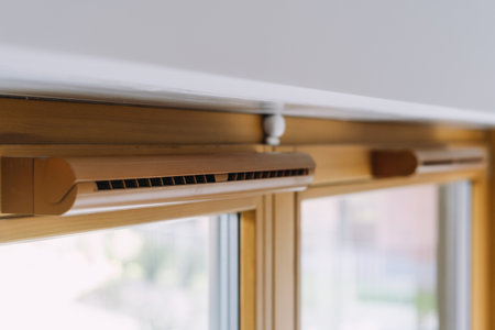 Air ventilation and conditioning system in the apartment. Plastic window frame, close up shot. Concepts of comfortable temperature in living room at heat summerの写真素材