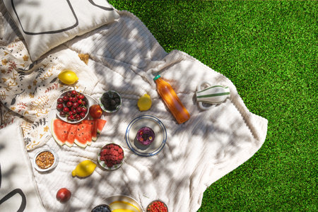 Top view of white picnic blanket with fresh fruits, berries, juice and other snacks is spread out on a grassy lawn. Copy space grass, flat lay shotの写真素材
