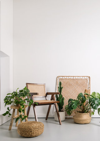 Rattan armchair and home decor, vertical shot. A wooden chair sits next to various indoor plants in woven baskets in a bright, minimalist corner. Living room interior in bohemian styleの写真素材