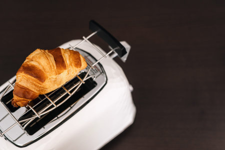 Golden french croissant with crispy crust warmed up on toaster, top view. Concepts of household...