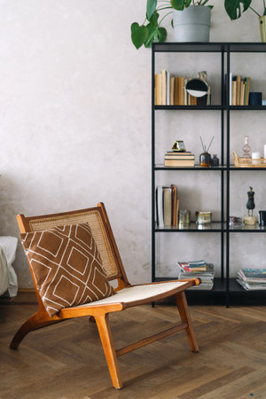 Wooden chair with a brown patterned pillow in modern interior with bookshelf, home decor and plant on backgrounds. Living room with wooden furniture and bohemian design, vertical shotの写真素材