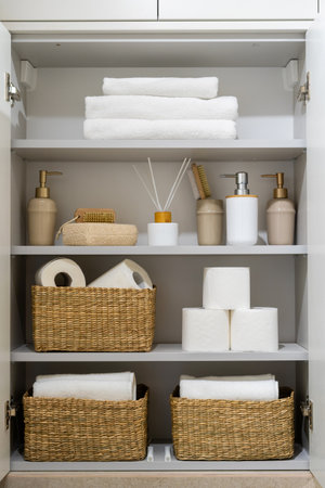 A white cabinet with shelves holds various bathroom essentials, including fresh towels, hand soap in dispenser bottles, bath sponge and toilet paper. Concepts of organized space, vertical shotの写真素材