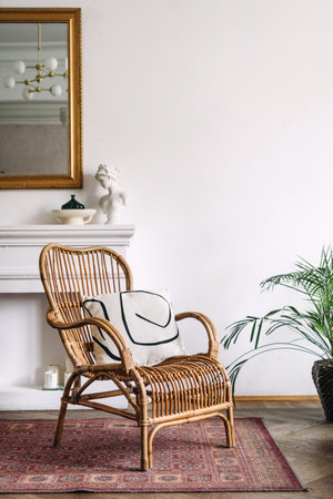 Vintage rattan or bamboo chair with patterned cushion on red rug in a elegant living room. Hotel in classic style with decorative fireplace. Interior design, home furniture, decoration of apartmentの写真素材