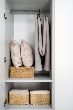 Storage baskets and wicker boxes with bedroom linen on the shelves inside minimalistics closet. Plaid and folded blankets hanging on a metal rail close to pillowsの写真素材