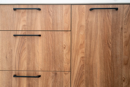 Smooth wooden cabinet with minimalist black handles in a contemporary kitchen. Wooden furniture with closed doors, drawers and natural oak on facade in living room. Front view of cupboard at homeの写真素材