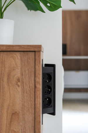 Vertical shot of a wooden cabinet features hidden power outlets, enhancing functionality while...